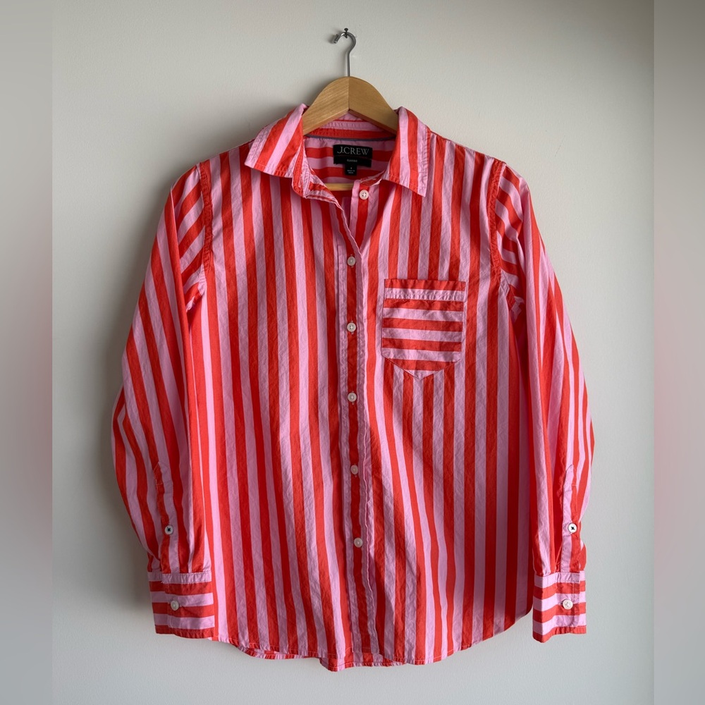 J. Crew Classic Fit Cotton Poplin Button Down Shirt Pink Red Stripe Women’s 8 - Picture 2 of 8